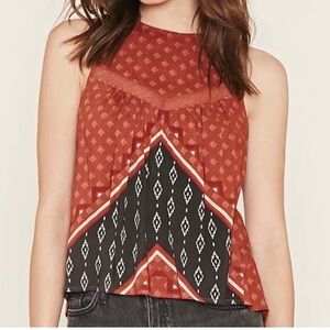 Forever 21 Women's Sleeveless Geometric Crop Top Lace Shirt Rust Blouse Size M